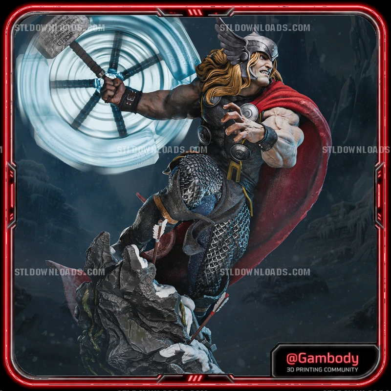 Marvel Thor 3D model statue with hammer, red cape, armor, and rocky base