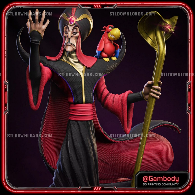 Jafar from Aladdin in a black and red robe holding a cobra staff with Iago on his shoulder