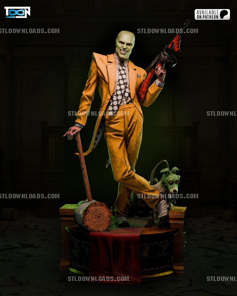The Mask 3D character statue in a yellow suit with a small green companion