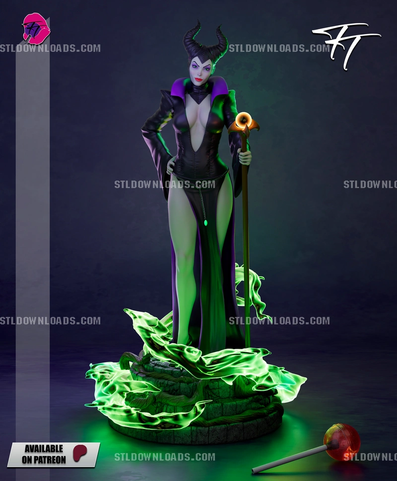 Maleficent statue with horns, staff, dark costume, and green smoke base