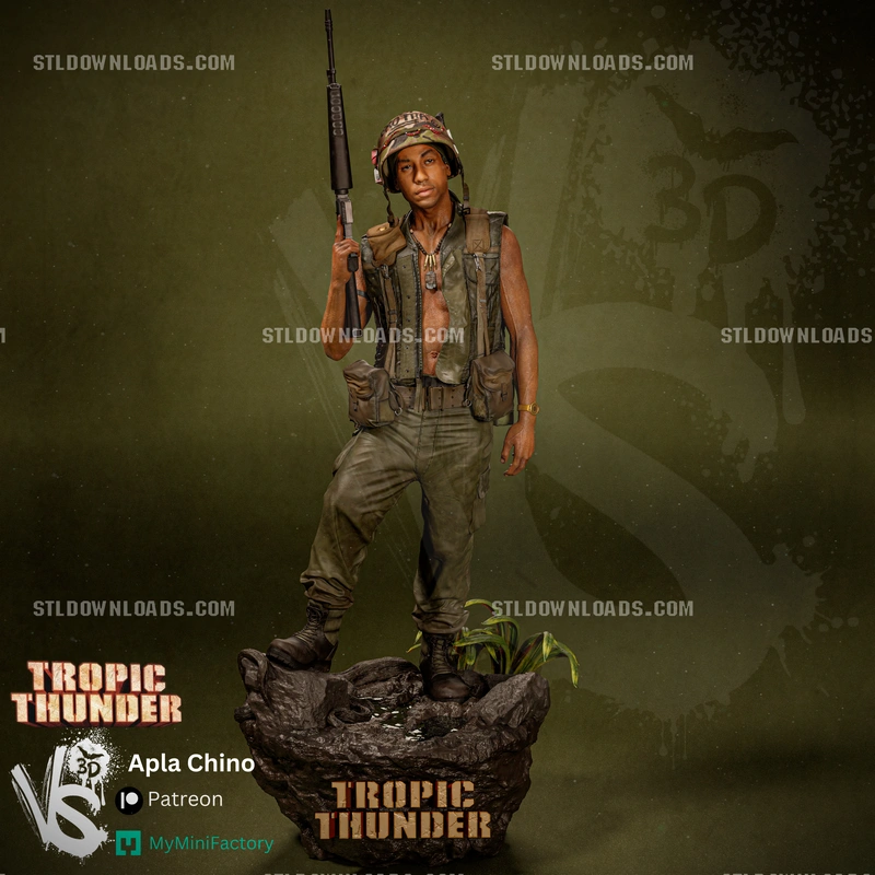 Alpa Chino Tropic Thunder 3D character statue holding a rifle on a rocky base