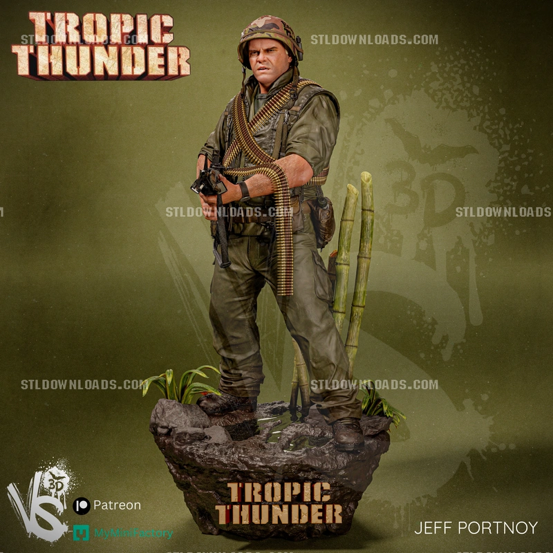 Jeff Portnoy Tropic Thunder military statue with firearm on a jungle base