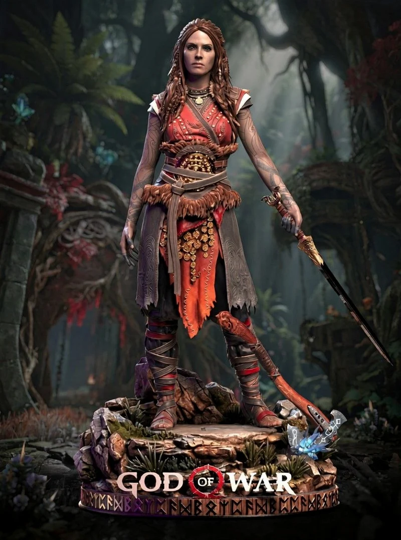 Freya warrior 3D model with sword, ornate armor, and rocky display base