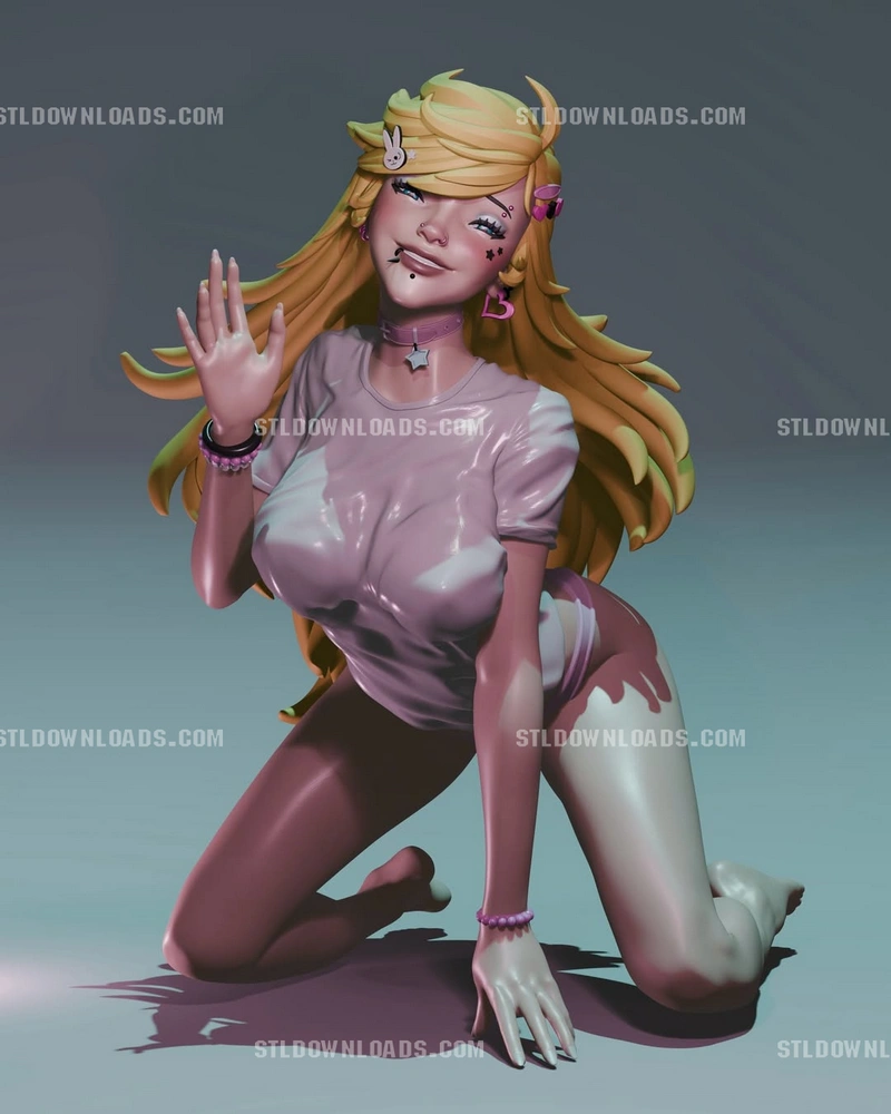 Panty Anarchy kneeling blonde character STL model with pink outfit and raised hand