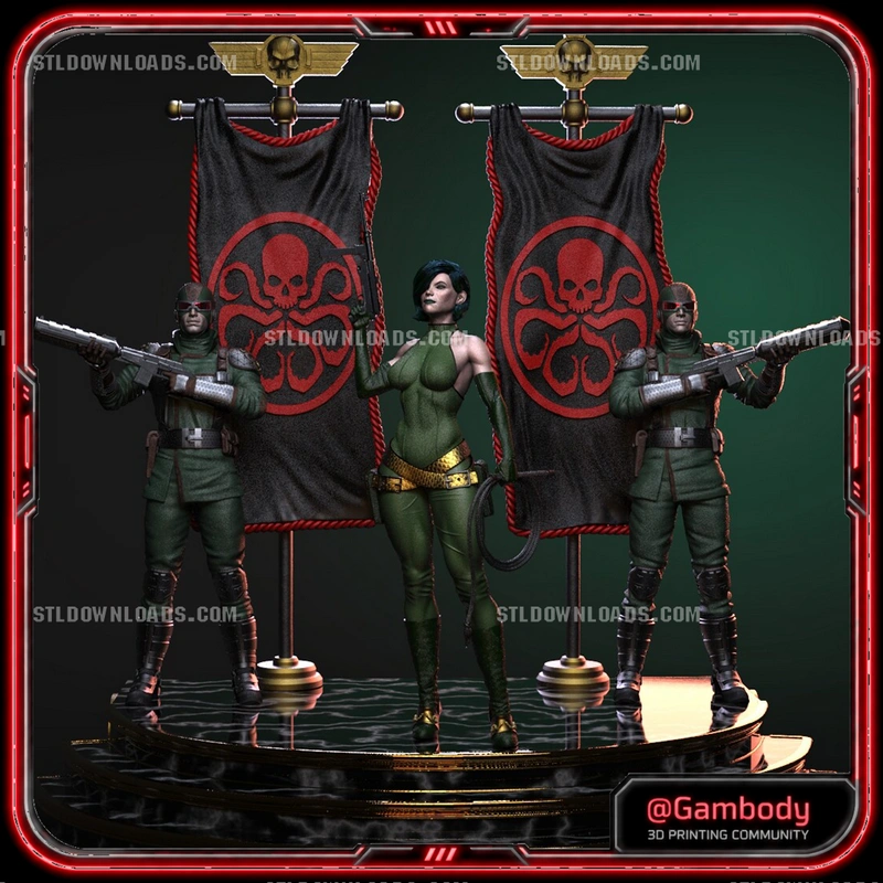 Marvel-themed 3D model with a green-clad woman, two armed guards, skull banners, and a circular pedestal