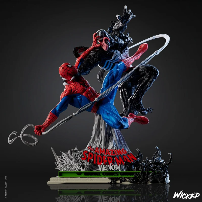Marvel Spider-Man and Venom diorama with webbing and a symbiote display base