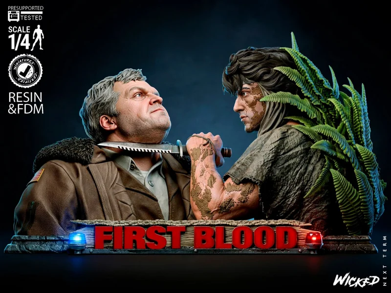 First Blood Rambo diorama bust with knife, jungle ferns, and illuminated display base