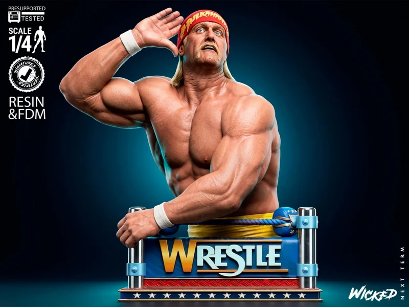 Hulk Hogan WWE 3D bust with raised hand and wrestling-ring base