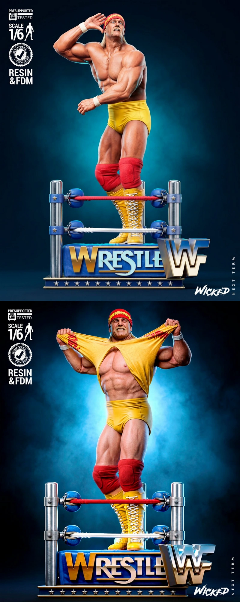 Hulk Hogan WWE sculpture in a wrestling ring display with yellow trunks and red knee pads