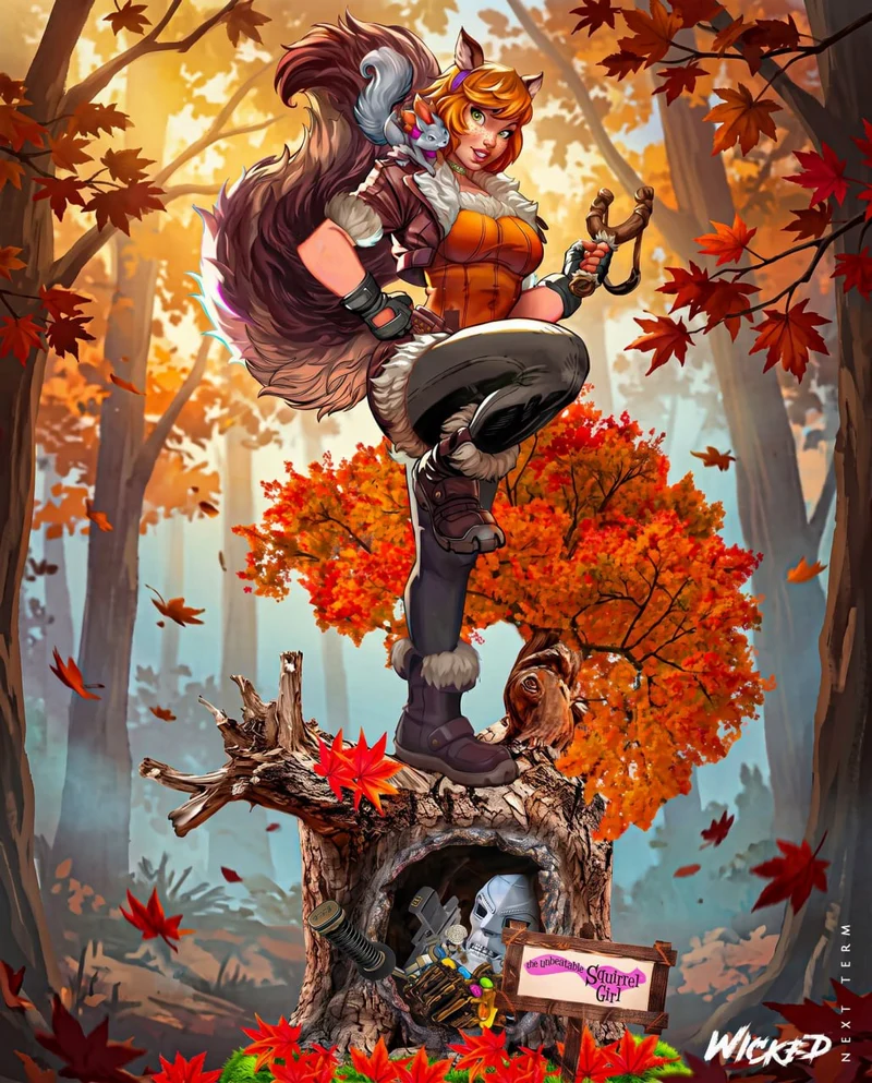 Squirrel Girl with a squirrel companion, large tail, and slingshot in an autumn forest