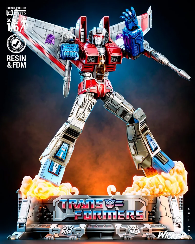 Starscream Transformers robot sculpture with wings on a mechanical display base