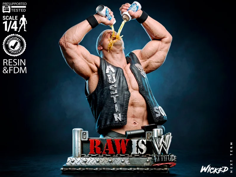 Steve Austin WWE bust raising cans above his head on a RAW IS WAR display base