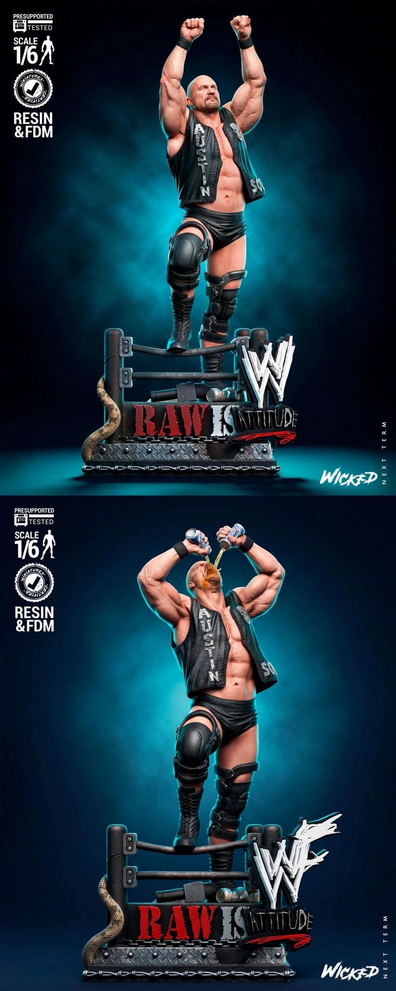 Steve Austin WWE sculpture with raised fists on a wrestling-ring display base