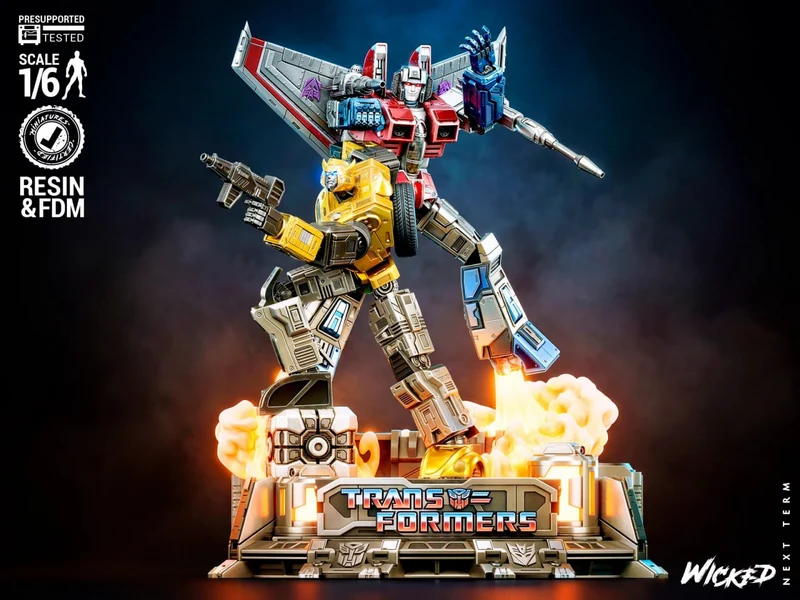 Transformers diorama with two robots, weapons, flames, and a display base