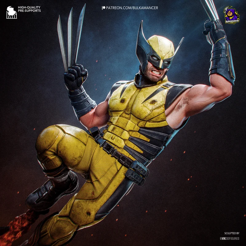 Wolverine Marvel 3D model in a yellow-and-black suit with extended claws