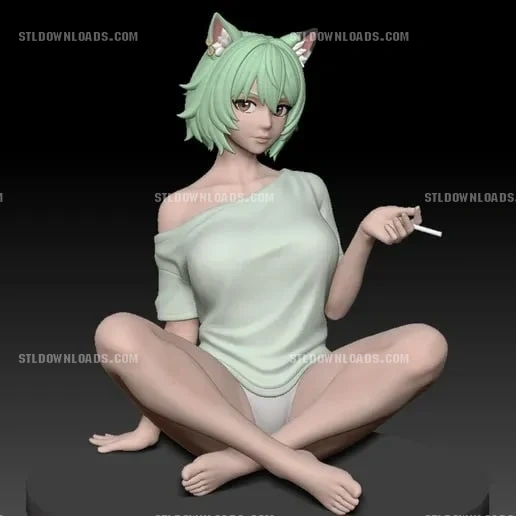 Seated mint-haired cat-eared woman holding a cigarette