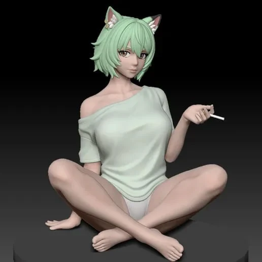 Seated mint-haired humanoid cat character holding a cigarette