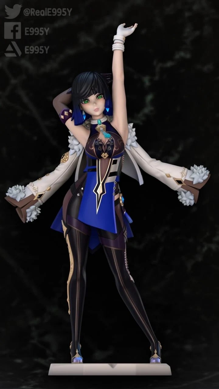 Yelan from Genshin Impact 3D character model in a raised-arm pose