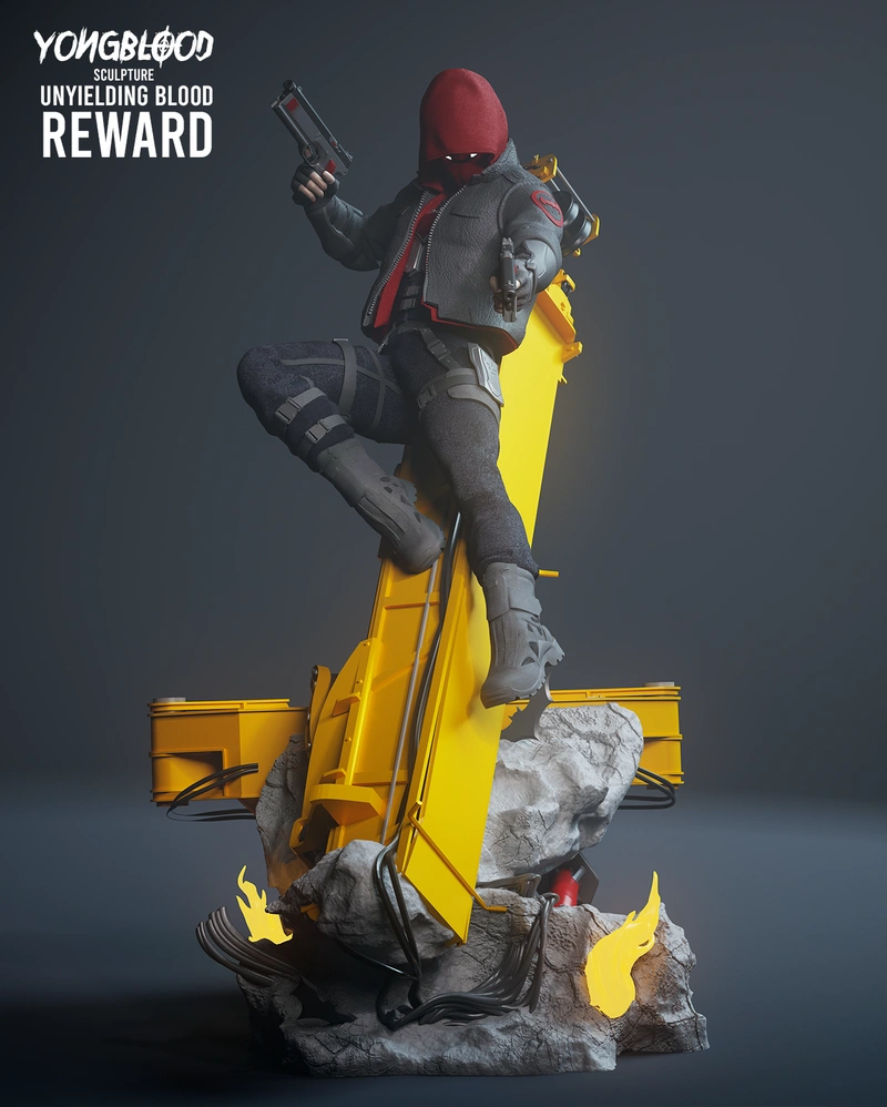 Red Hood DC Comics sculpture with pistol on a yellow industrial display base