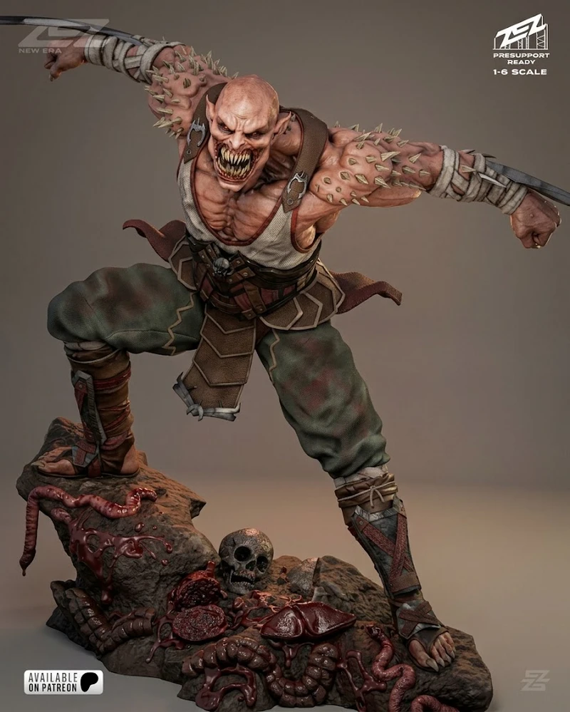 Baraka Mortal Kombat statue with spikes, fangs, and a rocky display base