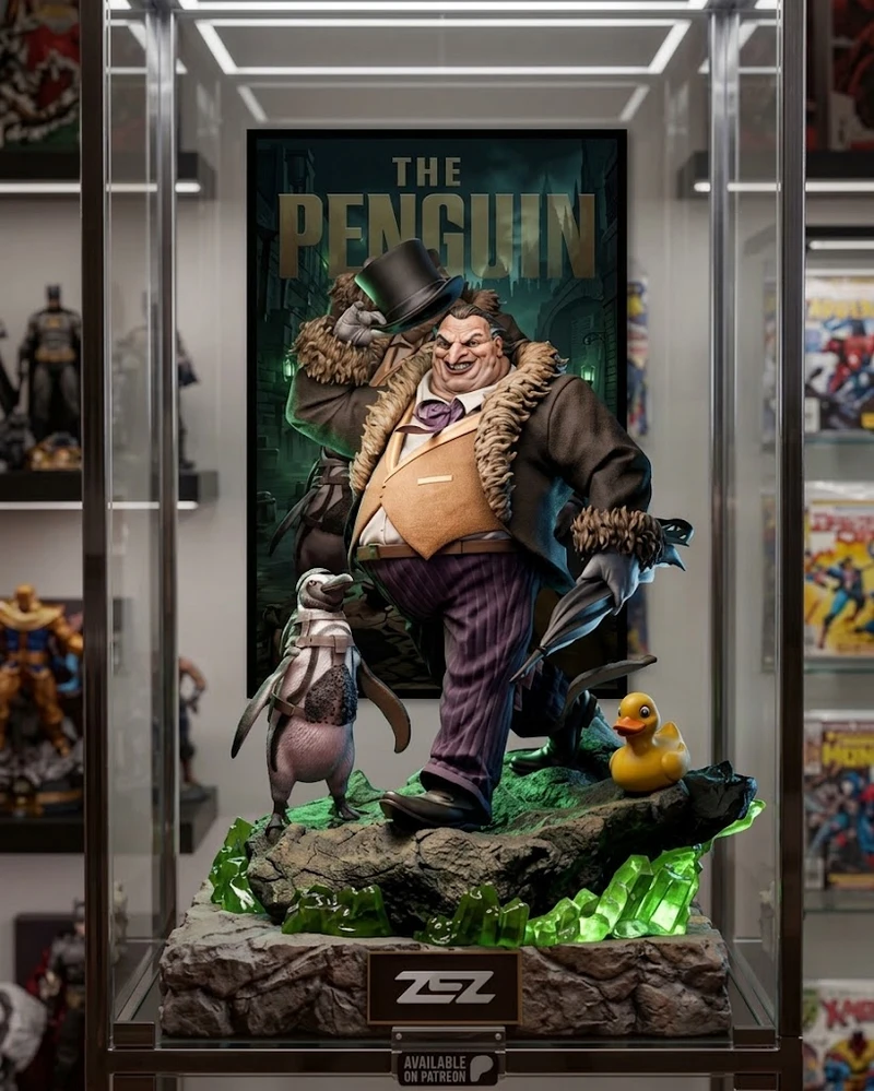 Penguin DC Comics character statue with top hat, umbrella, penguin, and duck