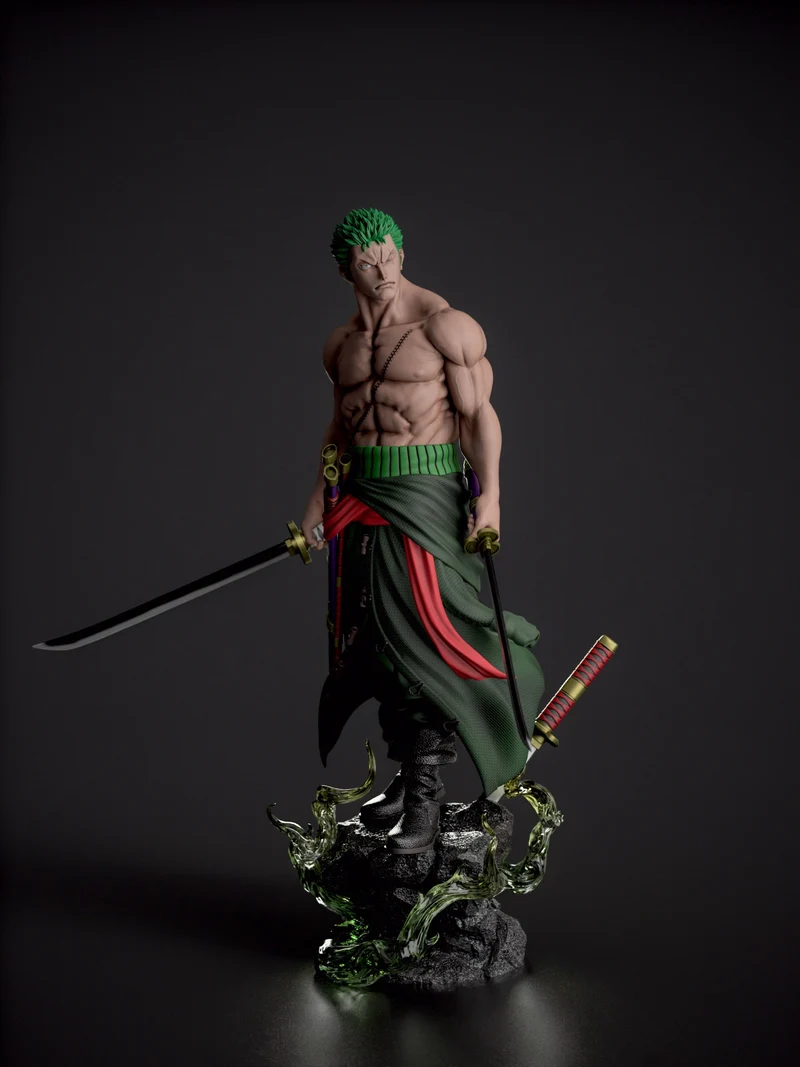 Roronoa Zoro One Piece 3D statue with three swords on a rocky base