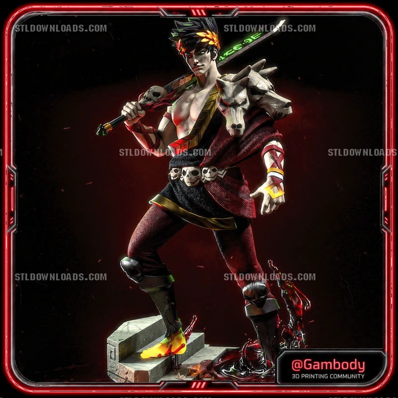 Zagreus from Hades 3D model in a dynamic pose with sword, skull details, and a display base