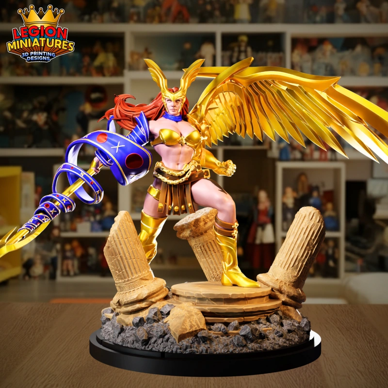 Angela Marvel winged warrior statue with gold armor, large wings, and rocky base