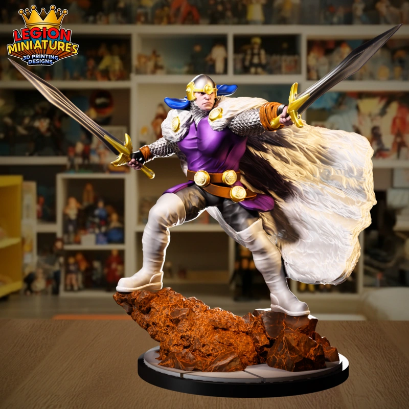 Balder from God of War holding twin swords on a rocky display base