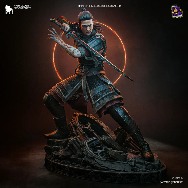 Coen from The Blood of Dawnwalker posed with swords on an ornate battle base