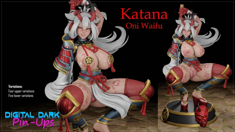 Katana Oni oni character statue with white hair, horns, katana, armor, and demon mask base