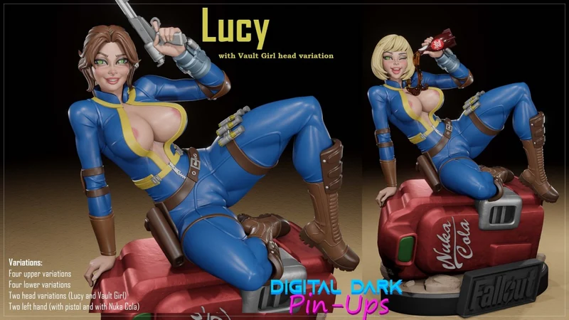 Lucy Fallout pin-up figure in a blue Vault suit seated on a red case