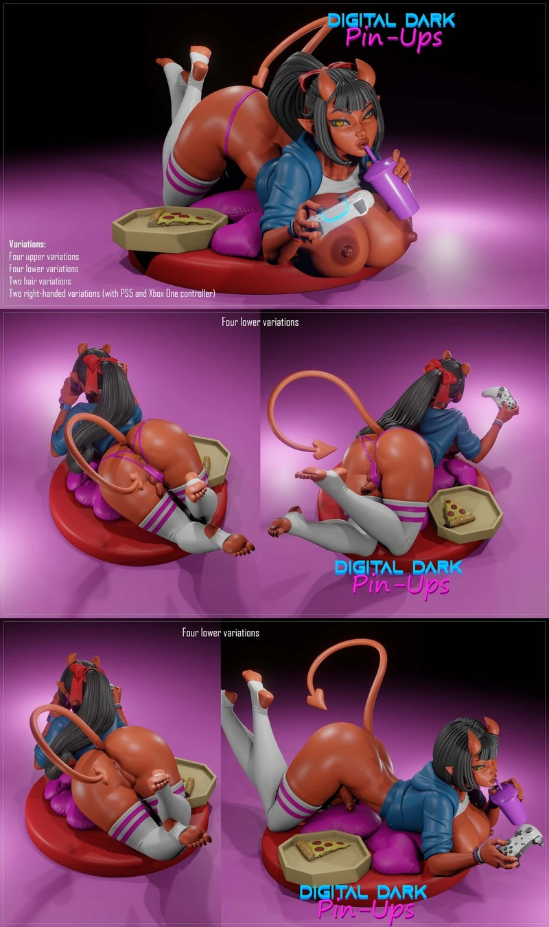 Meru horned original character pin-up figurine with controller and drink