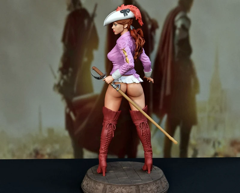 Original musketeer woman 3D figurine with feathered hat, purple jacket, red boots, and weapon