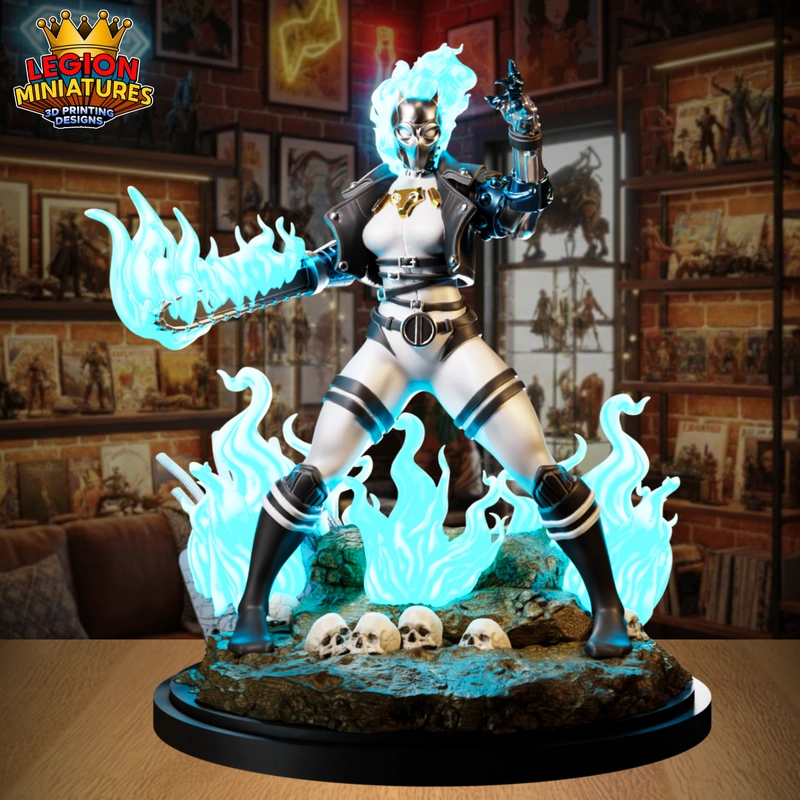 Ghost Panther Marvel statue with cyan flames, masked figure, skulls, rocks, and circular display base