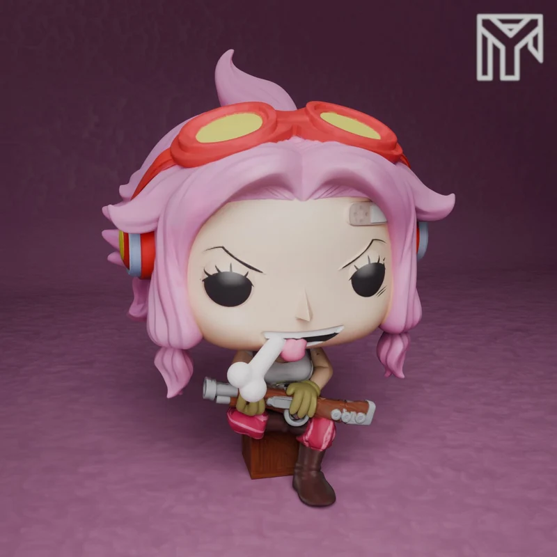 Chibi Ginny from One Piece with pink hair, goggles, headphones, and a rifle