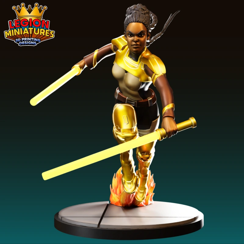 Gold-armored female character with twin blades and flames on a display base