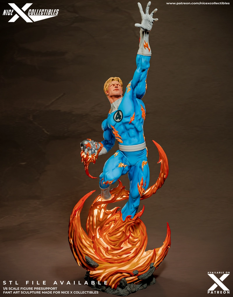 Human Torch Marvel figure in a blue Fantastic Four suit with sculpted flames