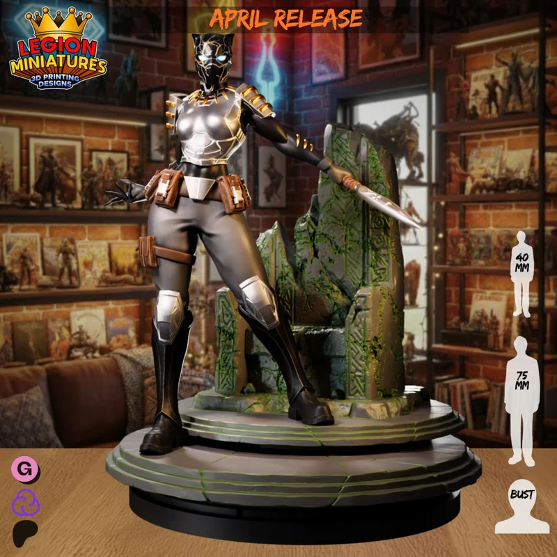 Killmonger Marvel armored statue holding a spear on a layered display base