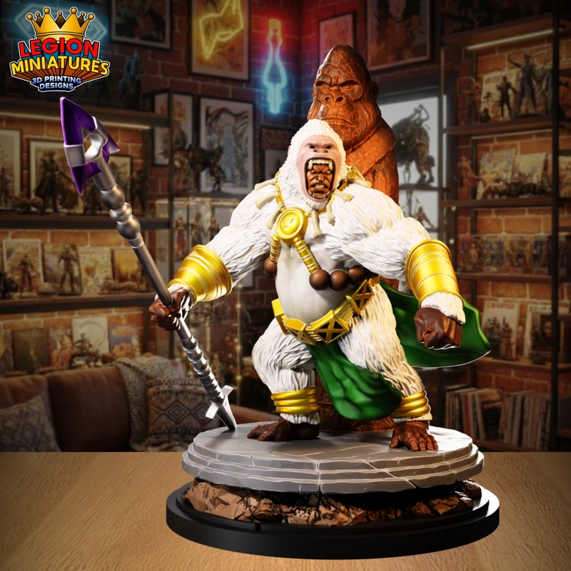 M'Baku Marvel character statue with staff, white fur, and gold armor