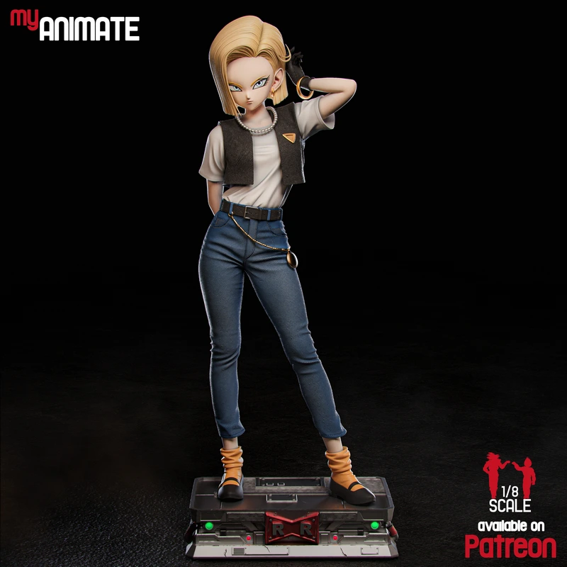 Android 18 Dragon Ball character figure on a detailed sci-fi display base