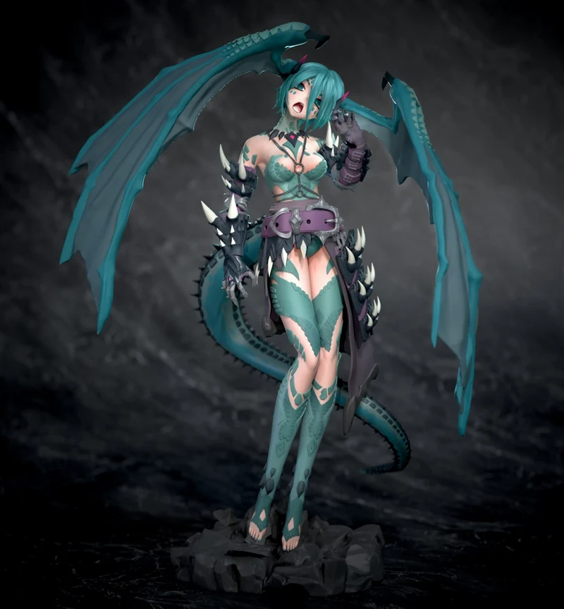 Dragon Miku Vocaloid dragon figurine with teal wings, tail, armor, and rocky base