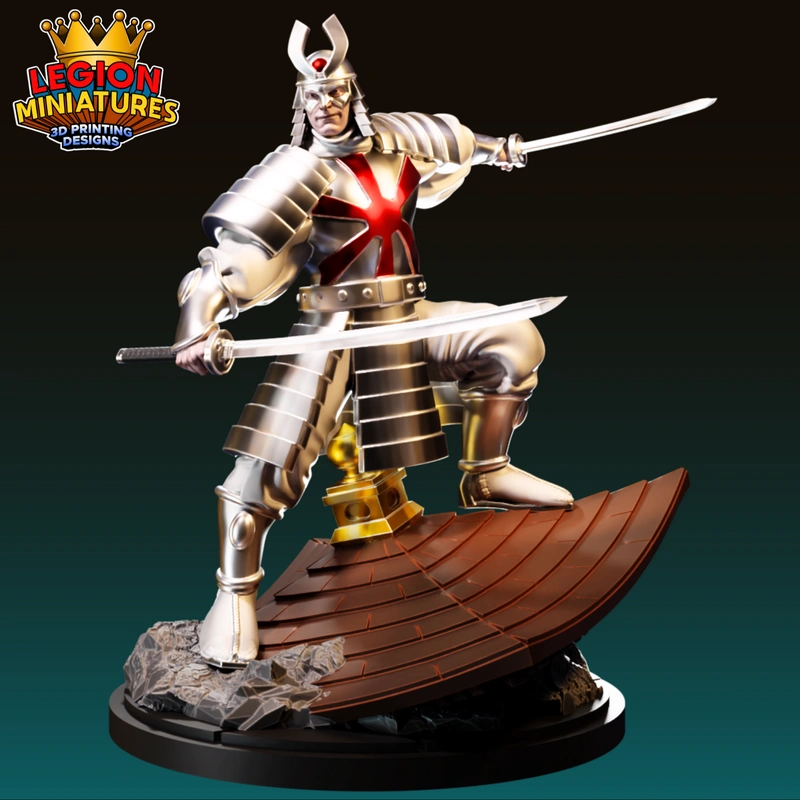 Silver Samurai Marvel armored statue with twin swords on a curved display base