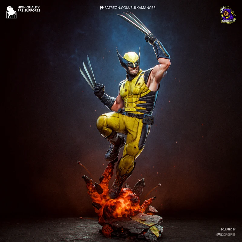 Wolverine Marvel 3D model in a yellow suit, leaping with raised claws above a fiery rocky base