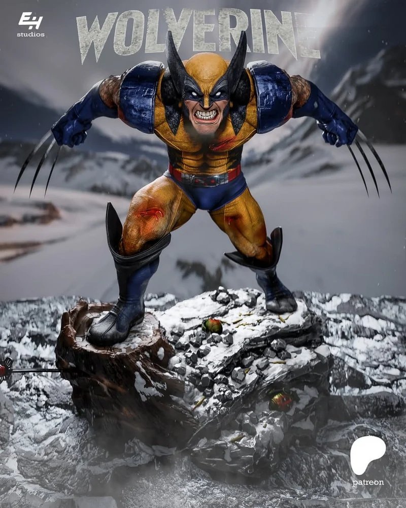 Wolverine Marvel statue with claws, yellow-blue costume, and rocky snowy base